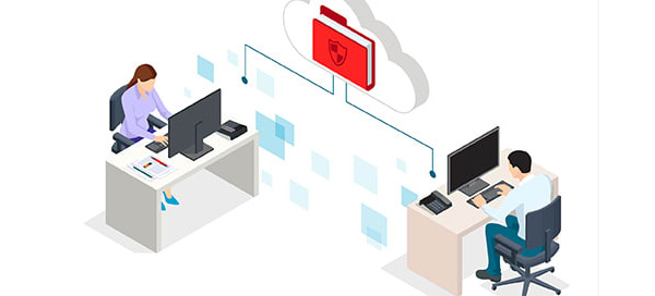 Two people at desks connected by cloud graphic