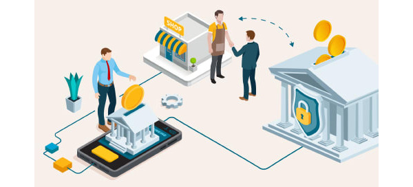 Cartoon icons of financial services buildings and people