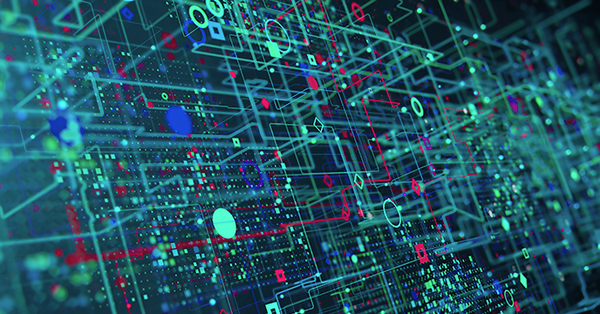 Colorful circuitboard imagery with elevated lines and circles