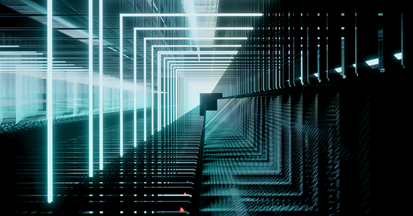 Blue lights surrounding square tunnel